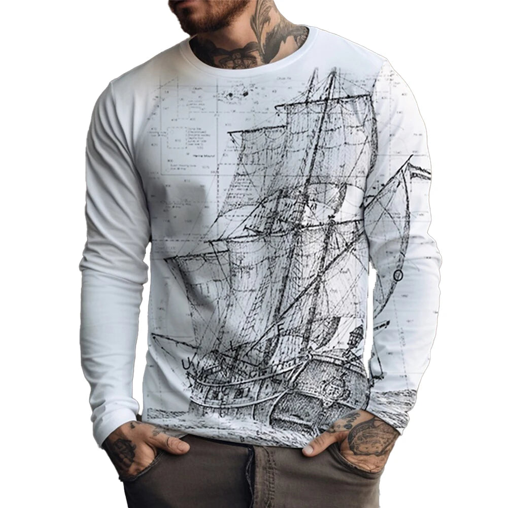 Casual Print Long Sleeve Round T-shirt