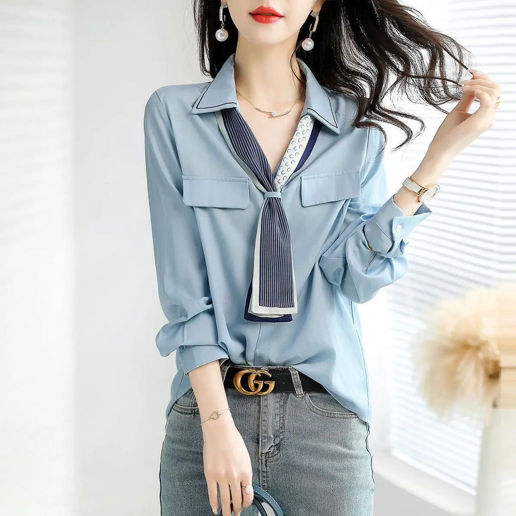 Elegant V-Neck Button Spliced All-match Lace Up Blouse Women's Clothing 2023 Spring New Casual Pullovers Loose Office Lady Shirt