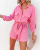 Summer Women Casual Playsuits Fashion Long Sleeve Overalls Jumpsuits Pockets Lace-up Buttons Shirt Playsuit Office Ladies Romper