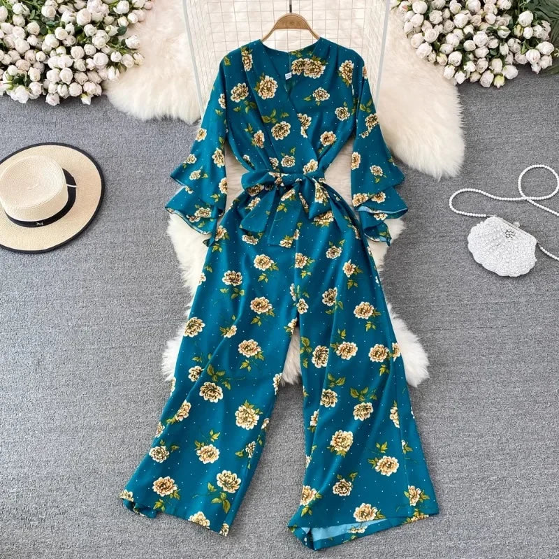 Spring Autumn Vintage Occident Holiday Romper V Neck Flare Sleeve Flower Print Bodysuit Bandage Slim Wide Leg Pant Jumpsuit