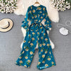 Spring Autumn Vintage Occident Holiday Romper V Neck Flare Sleeve Flower Print Bodysuit Bandage Slim Wide Leg Pant Jumpsuit