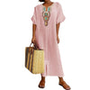 Flower Design V Neck Cotton Linen Dress