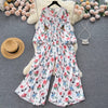 Spring and Autumn Retro V-neck Floral Long-sleeved Jumpsuit Women's Lantern Sleeves Pleated Niche Design Waist Wide-leg Pants