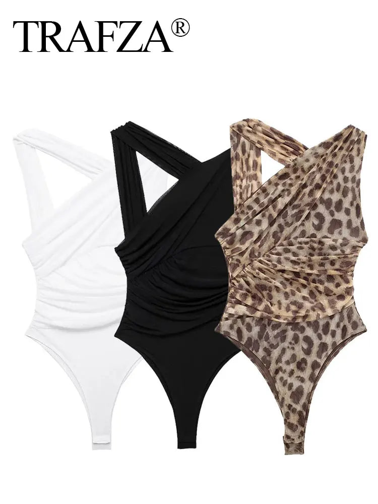 TRAFZA Leopard Print Jumpsuit Women Tulle Ruched Irregular Lady Bodysuit 2024 Summer Backless Beach Slim Halter Playsuit