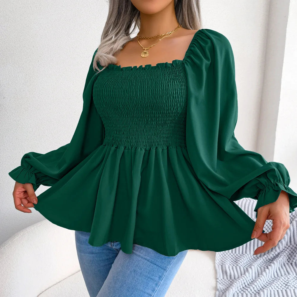 Casual Squared Neck Pleated Ruffle Trim Solid Blouse,Lantern Sleeve Shirt, Women's Clothing
