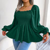 Casual Squared Neck Pleated Ruffle Trim Solid Blouse,Lantern Sleeve Shirt, Women's Clothing