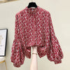 Women's Clothing Korean Fashion Floral Print Stand Collar Blouse Spring Autumn Lantern Sleeve All-match Chiffon Shirt for Female
