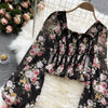 Pink Floral Printing Chiffon Square Collar Lantern Sleeve Women's Blouse Shirt Korean Fashion Female Clothing Tops 2024 Summer