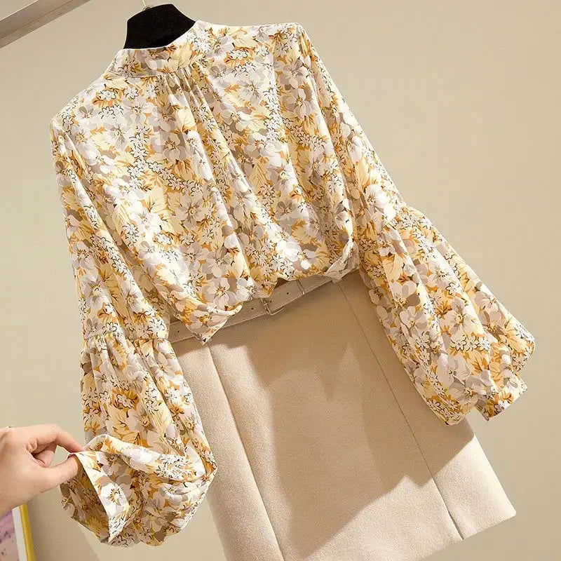 Women's Clothing Korean Fashion Floral Print Stand Collar Blouse Spring Autumn Lantern Sleeve All-match Chiffon Shirt for Female