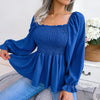 Casual Squared Neck Pleated Ruffle Trim Solid Blouse,Lantern Sleeve Shirt, Women's Clothing