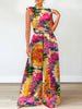 ZANZEA Elegant Cinched Waist Wide Leg Pants Fashion Women Summer Floral Print Long Rompers Sleeveless Party Turtleneck Jumpsuits