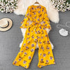 Spring Autumn Vintage Occident Holiday Romper V Neck Flare Sleeve Flower Print Bodysuit Bandage Slim Wide Leg Pant Jumpsuit