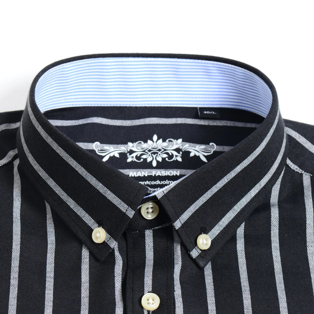 Men's Casual Regular-fit Long Sleeve Stripe Oxford Shirts Single Patch Pocket Cotton Blend Breathable Lapel Button Up Tops Shirt