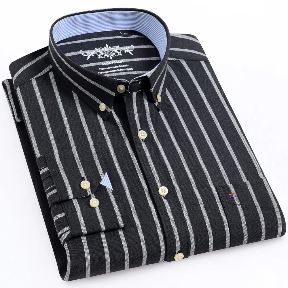 Men's Casual Regular-fit Long Sleeve Stripe Oxford Shirts Single Patch Pocket Cotton Blend Breathable Lapel Button Up Tops Shirt