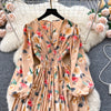 Spring and Autumn Retro V-neck Floral Long-sleeved Jumpsuit Women's Lantern Sleeves Pleated Niche Design Waist Wide-leg Pants