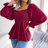 Casual Squared Neck Pleated Ruffle Trim Solid Blouse,Lantern Sleeve Shirt, Women's Clothing