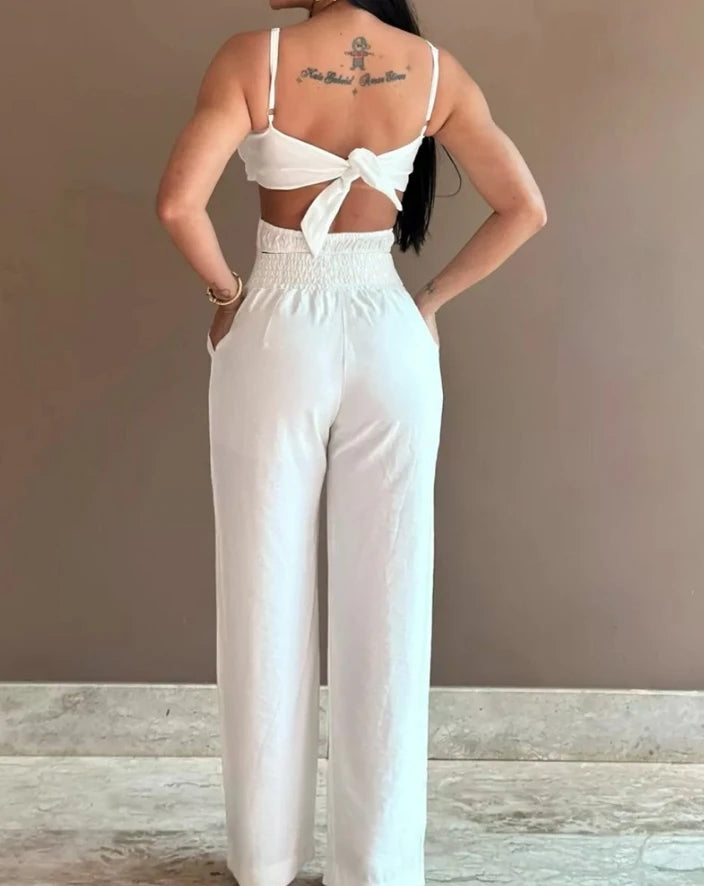 Women Jumpsuit 2024 Summer Asymmetric Neck Spaghetti Strap Floral Pattern Shirred Hollow Out Pocket Tied Detail Romper Bodysuit
