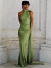 Chic Solid Satin Halter Maxi Dress Women New Sexy Backless Sleeveless Long Dresses With Scarf Lady Evening Club Party Vestidos