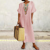 Flower Design V Neck Cotton Linen Dress