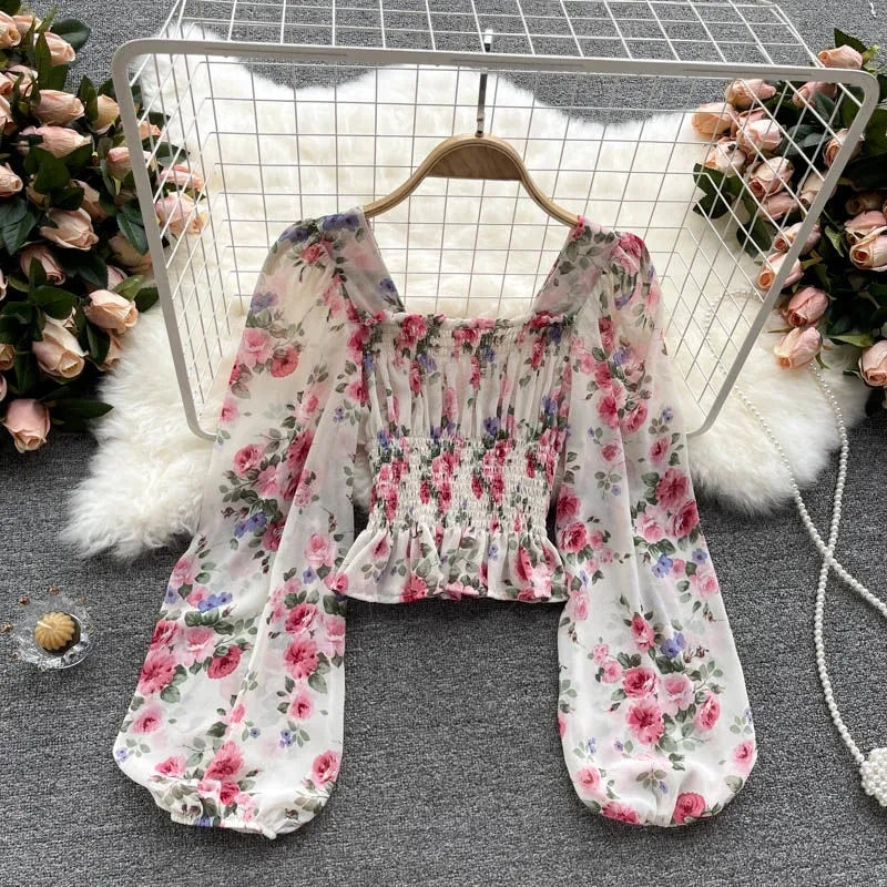 Pink Floral Printing Chiffon Square Collar Lantern Sleeve Women's Blouse Shirt Korean Fashion Female Clothing Tops 2024 Summer