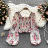 Pink Floral Printing Chiffon Square Collar Lantern Sleeve Women's Blouse Shirt Korean Fashion Female Clothing Tops 2024 Summer