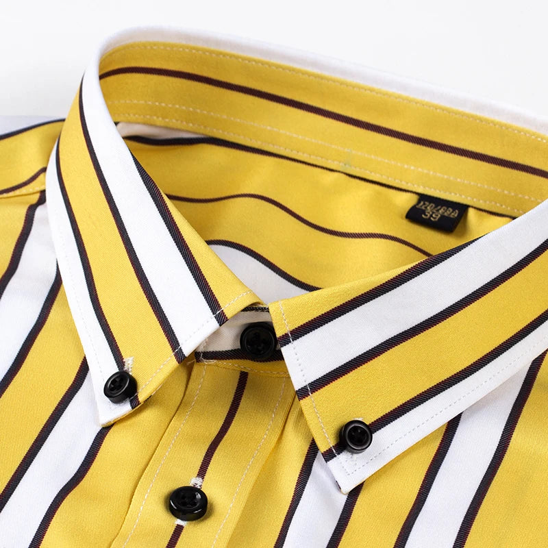 Men's Non-iron Slight Strech Soft Striped Dress Shirts Without Pocket Long Sleeve Standard-fit Youthful Casual Button-down Shirt