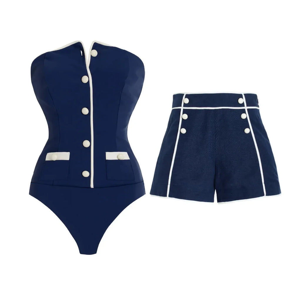 New Swimsuit New Navy Strapless Simple One-piece Swimwear Set for Summer Women in Stock