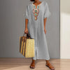 Flower Design V Neck Cotton Linen Dress