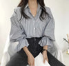 Seoulish Vintage Striped Women's Shirts Autumn Elagant Lantern Long Sleeve Turndown Collar Single Breasted Women's Blouses Tops
