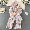 Spring Autumn Vintage Occident Holiday Romper V Neck Flare Sleeve Flower Print Bodysuit Bandage Slim Wide Leg Pant Jumpsuit