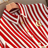 Limiguyue French High-end Red Stripe Blouse Polo Collar Brooch Top Autumn Women Small Fragrance Slim Belt Shirt Office Lady 582P