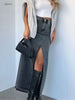 High-Waist Denim Slit Skirt