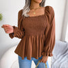 Casual Squared Neck Pleated Ruffle Trim Solid Blouse,Lantern Sleeve Shirt, Women's Clothing