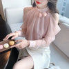 Korean Commute Spring Summer New Chiffon Blouses Women's Solid Round Neck Off Shoulder Ruched Fashion Loose Long Sleeve Shirts