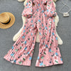 Spring and Autumn Retro V-neck Floral Long-sleeved Jumpsuit Women's Lantern Sleeves Pleated Niche Design Waist Wide-leg Pants