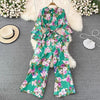 Spring Autumn Vintage Occident Holiday Romper V Neck Flare Sleeve Flower Print Bodysuit Bandage Slim Wide Leg Pant Jumpsuit