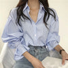 Seoulish Vintage Striped Women's Shirts Autumn Elagant Lantern Long Sleeve Turndown Collar Single Breasted Women's Blouses Tops