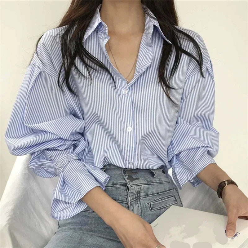 Seoulish Vintage Striped Women's Shirts Autumn Elagant Lantern Long Sleeve Turndown Collar Single Breasted Women's Blouses Tops