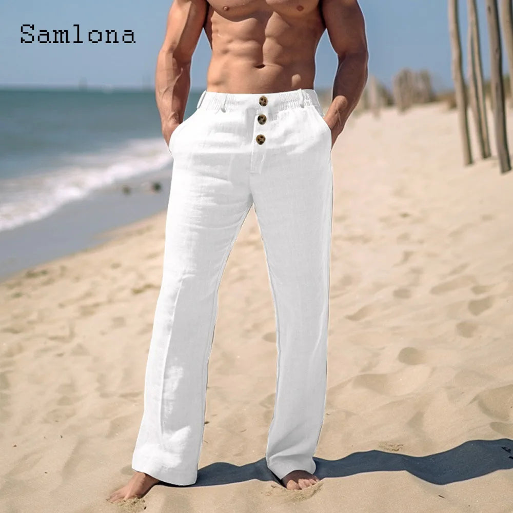 Men Elegant Triple Buttons Cotton Linen Pants