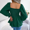 Casual Squared Neck Pleated Ruffle Trim Solid Blouse,Lantern Sleeve Shirt, Women's Clothing