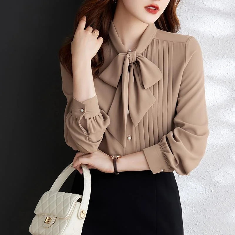 Woman Spring Autumn Style Blouses Shirts Lady Casual Long Sleeve Bow Tie Collar Solid Color Blusas Tops G2650