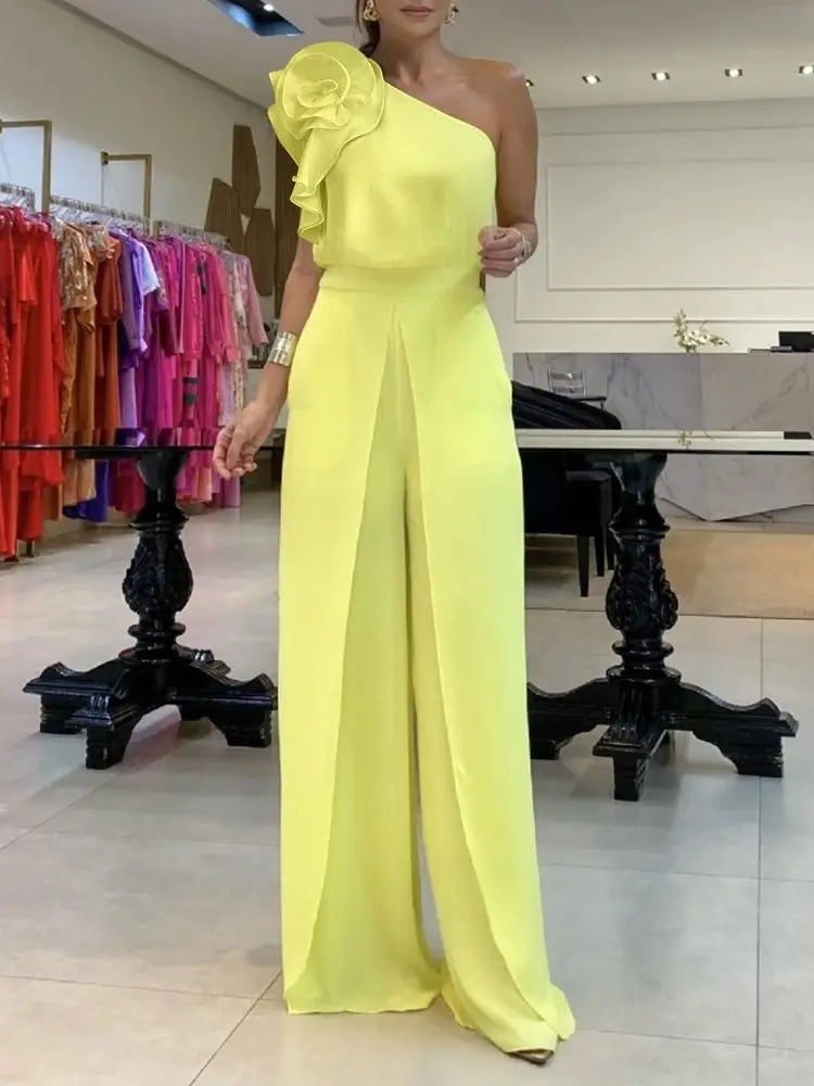 Women 2024 Floral Pattern One Shoulder Jumpsuit