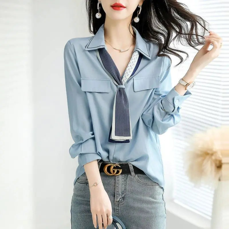 Elegant V-Neck Button Spliced All-match Lace Up Blouse Women's Clothing 2023 Spring New Casual Pullovers Loose Office Lady Shirt