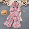 Spring and Autumn Retro V-neck Floral Long-sleeved Jumpsuit Women's Lantern Sleeves Pleated Niche Design Waist Wide-leg Pants