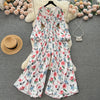 Spring and Autumn Retro V-neck Floral Long-sleeved Jumpsuit Women's Lantern Sleeves Pleated Niche Design Waist Wide-leg Pants