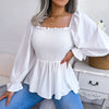 Casual Squared Neck Pleated Ruffle Trim Solid Blouse,Lantern Sleeve Shirt, Women's Clothing