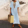 Flower Design V Neck Cotton Linen Dress