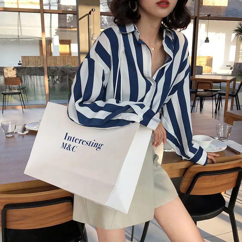 Spring Summer Loose POLO Collar Striped Printed Chiffon Shirt Women Clothing Y2K Casual Blouses Elegant Fashion Female Clothes