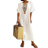 Flower Design V Neck Cotton Linen Dress