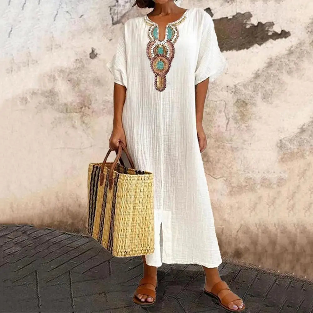 Flower Design V Neck Cotton Linen Dress
